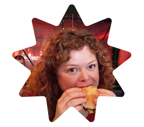 Kelly enjoying a burger