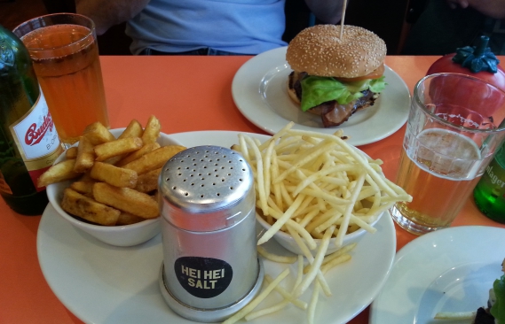 Stuart and Dan's spread of food including two types of chips and hei hei salt